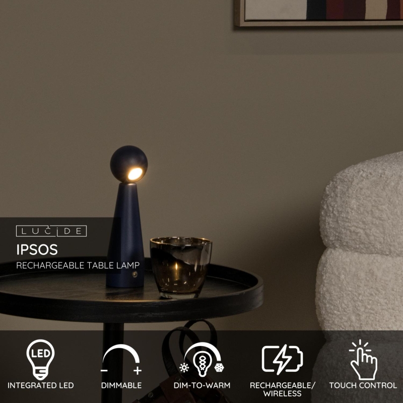 Lucide IPSOS – Nabíjateľná stolová lampa – Batéria/batérie – LED Stlmenie až teplé – 1x3W 3000K/3200K – Modrá